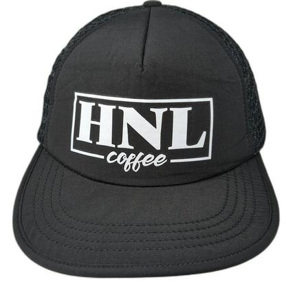Black 5 Panel One Size Hat HNL Coffee Mesh Back Strapback Buckle Closure Logo
