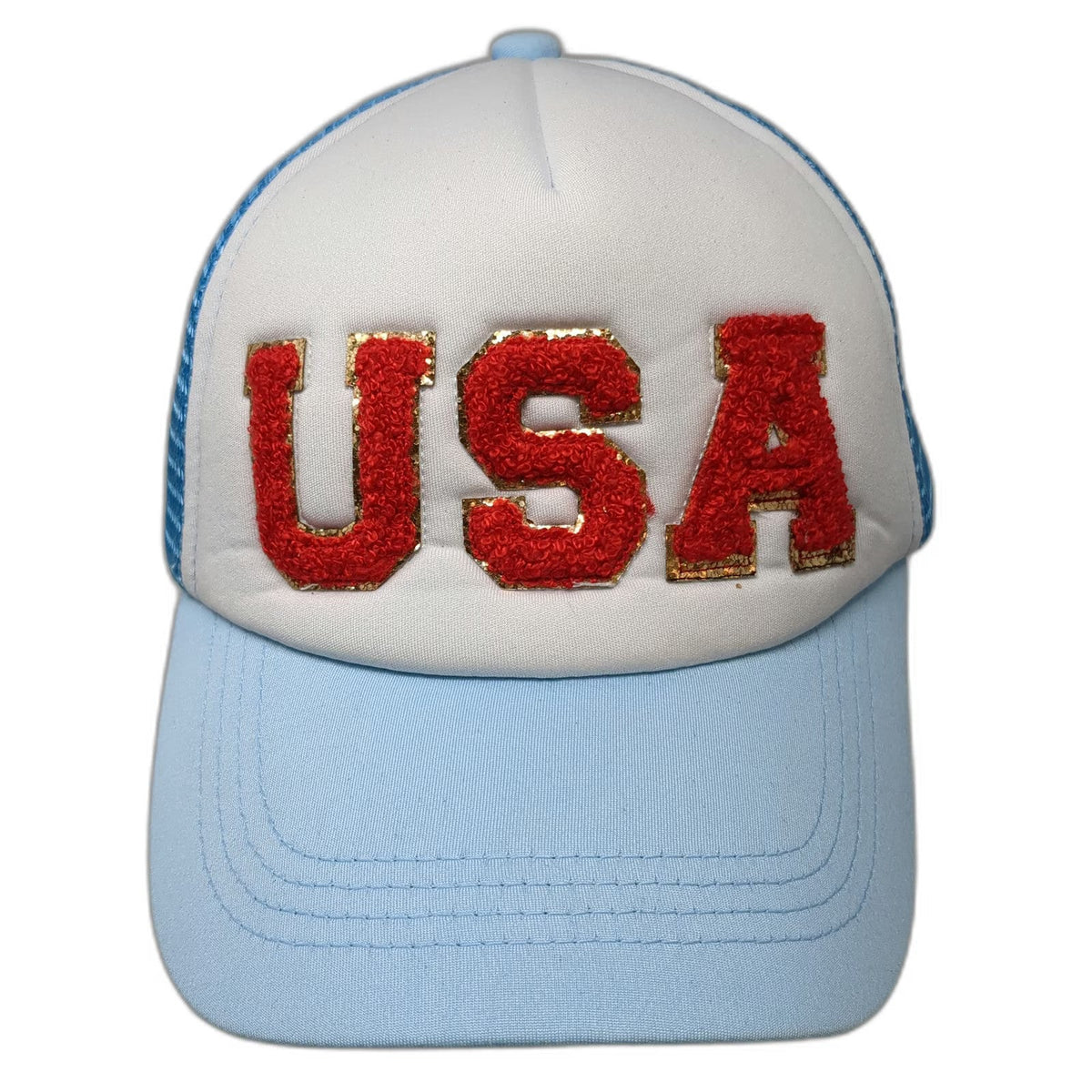 Trucker Hat Blue One Size USA Chenille Patch Gold Trim Mesh Foam Front Snapback