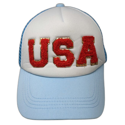 Trucker Hat Blue One Size USA Chenille Patch Gold Trim Mesh Foam Front Snapback