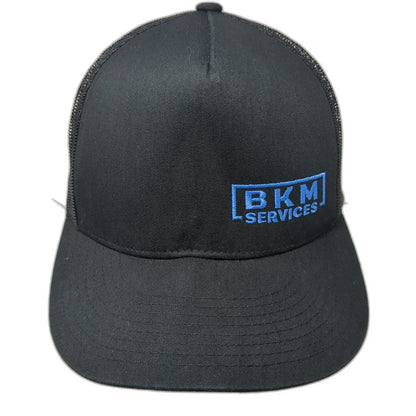 Yupoong Trucker Hat Black Blue One Size BKM Services Mesh Snapback Flat Brim
