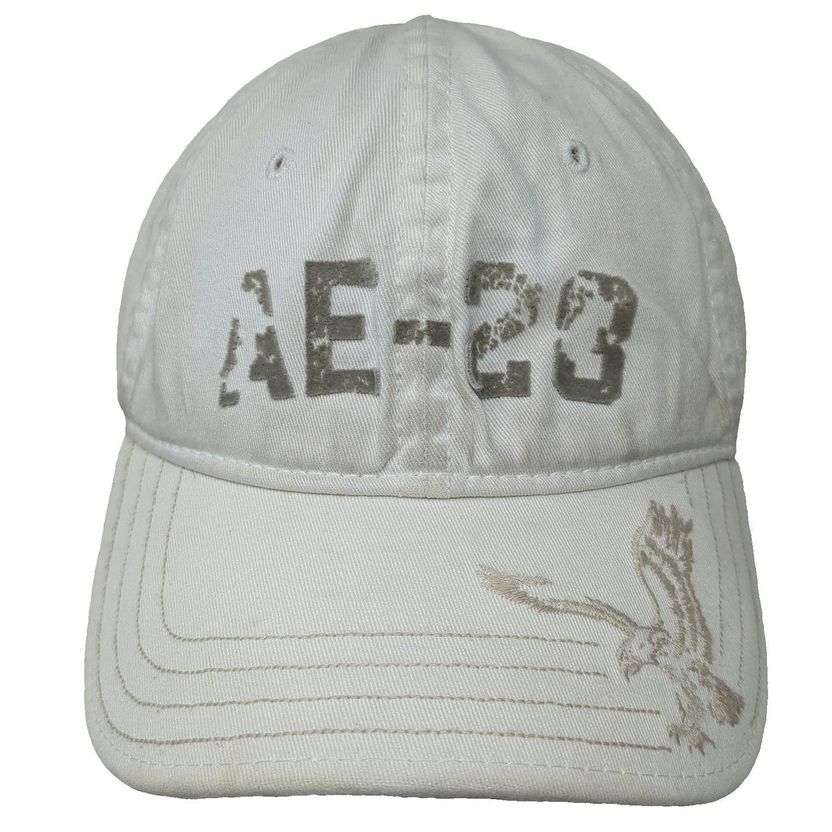 American Eagle Baseball Cap White M Logo AE-23 Distressed Stretch Fit Hat 1977