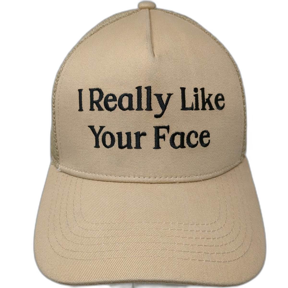 FACE FOUNDRIE Trucker Hat Beige One Size Mesh Back I Really Like Your Face