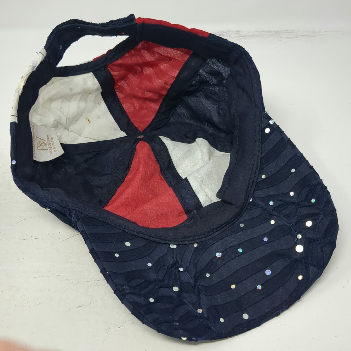 SomethingSpecial Baseball Cap Blue White Red One Size Rhinestone Ruffled Hat