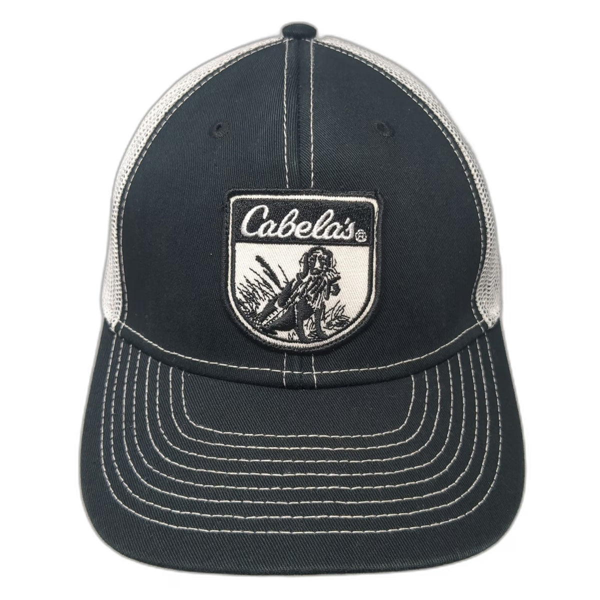 Cabela's Trucker Hat Black One Size Hunting Dog Mesh Snapback Contrast Stitch