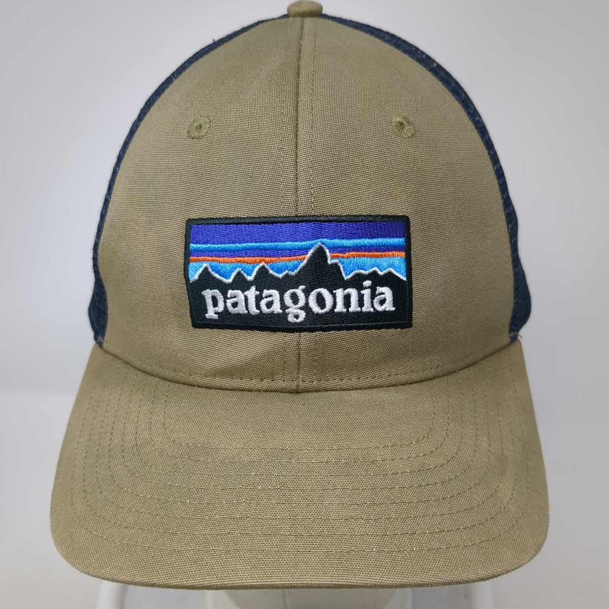 Patagonia Trucker Hat Beige Blue One Size Mesh Back Snapback Mountain Logo