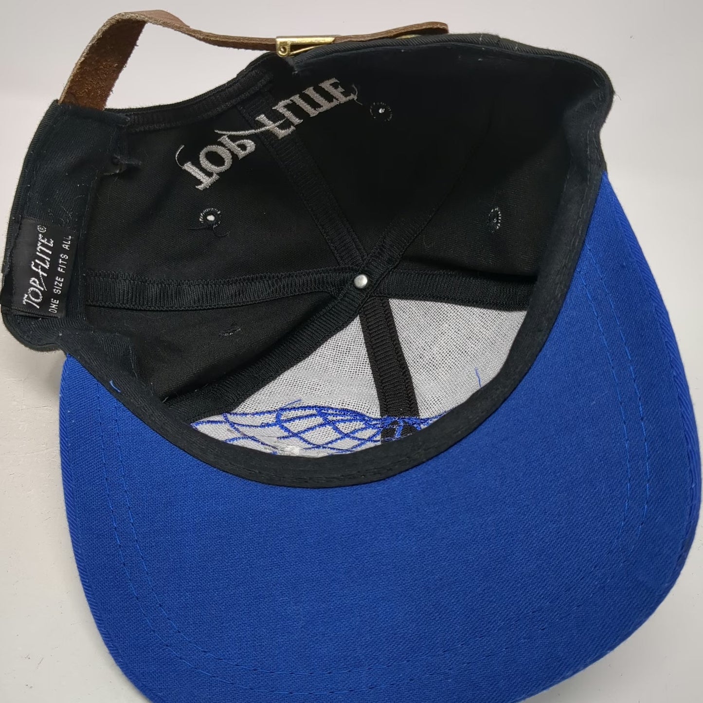 Top-Flite Baseball Cap Black Blue One Size Embroidered Globe Leather Strap Hat