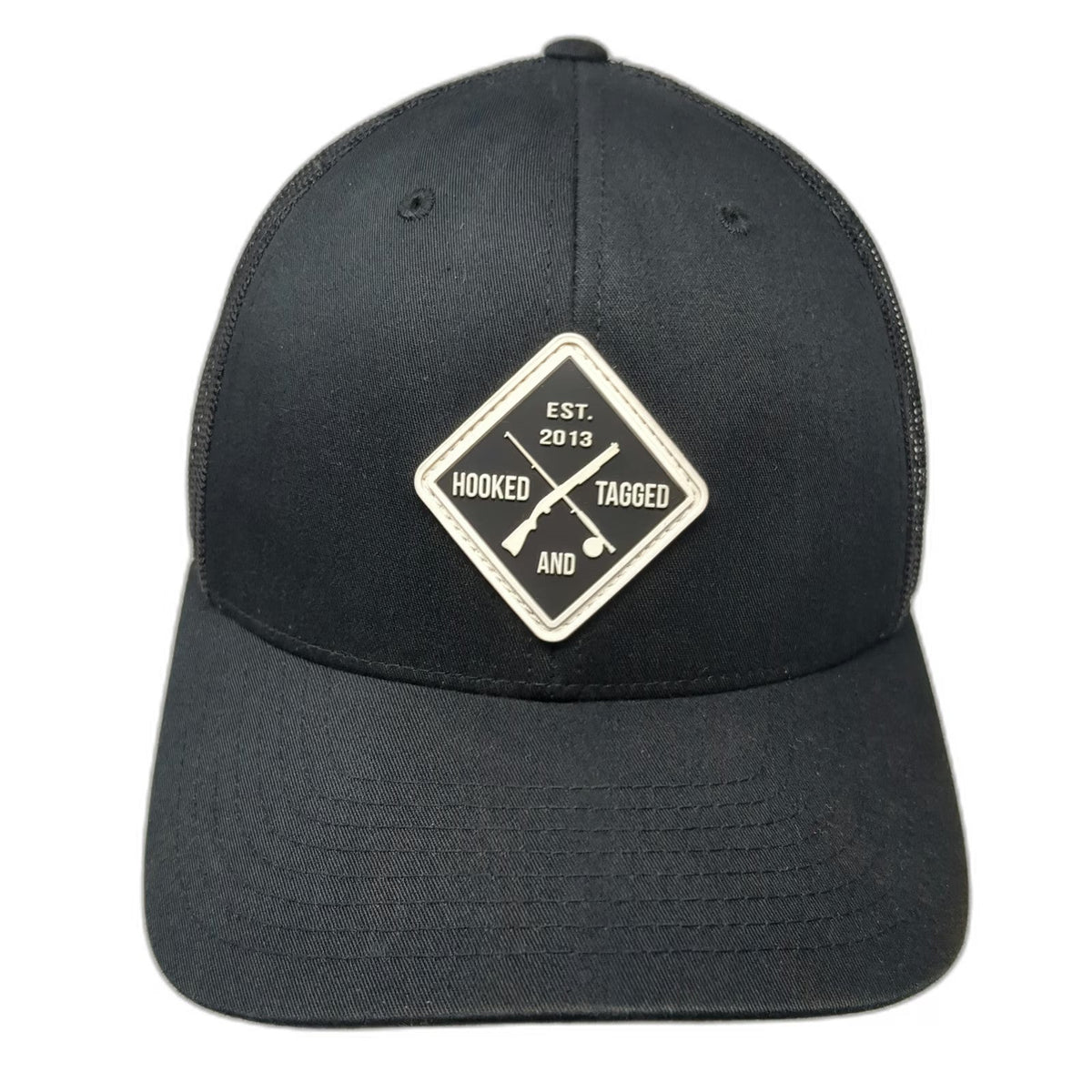 Hooked and Tagged Black One Size Trucker Hat Mesh Back Snapback Hunting Fishing