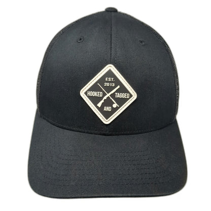 Hooked and Tagged Black One Size Trucker Hat Mesh Back Snapback Hunting Fishing