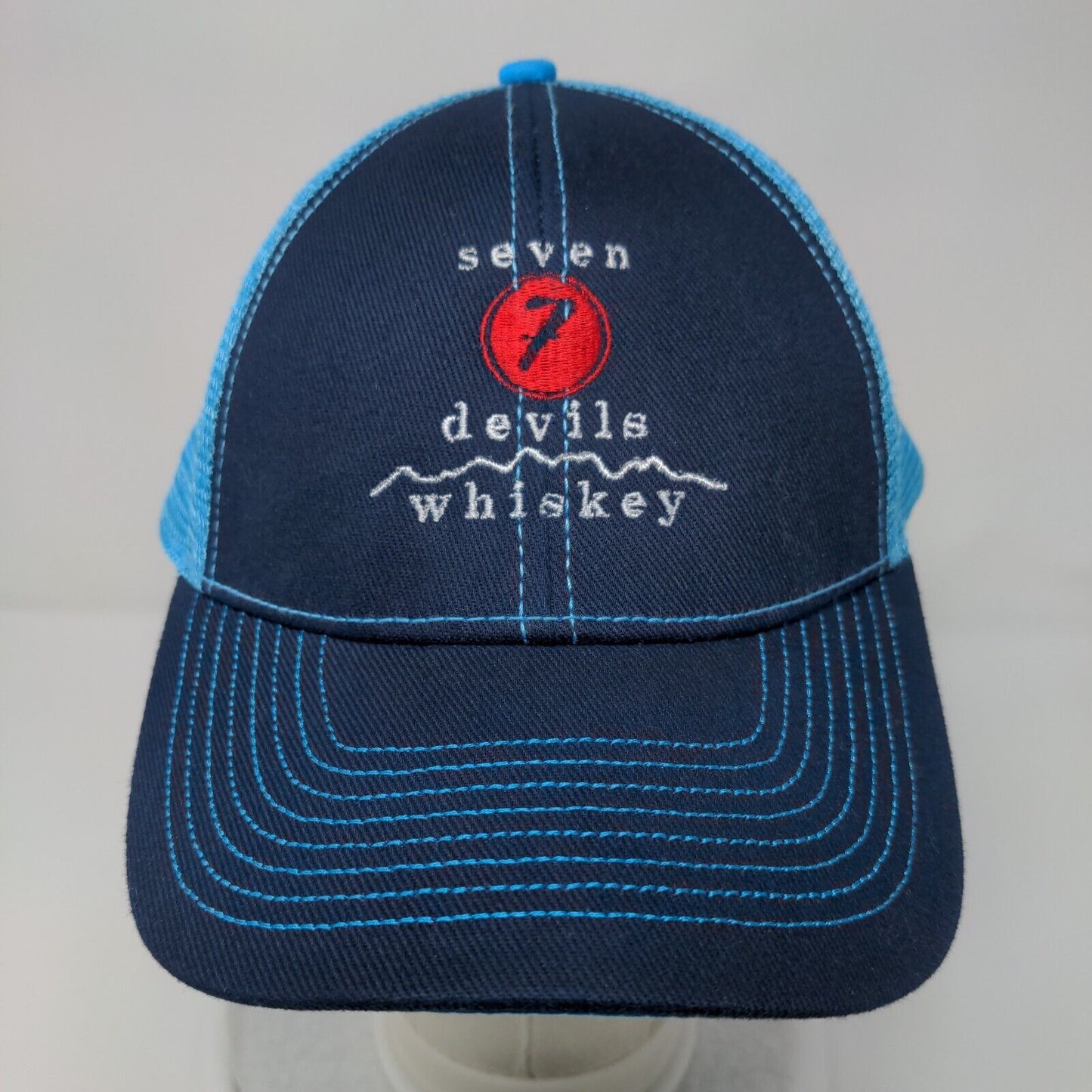 Seven Devils Whsikey Strapback Hat Blue OSFA Adjustable Embroidered Mesh Back