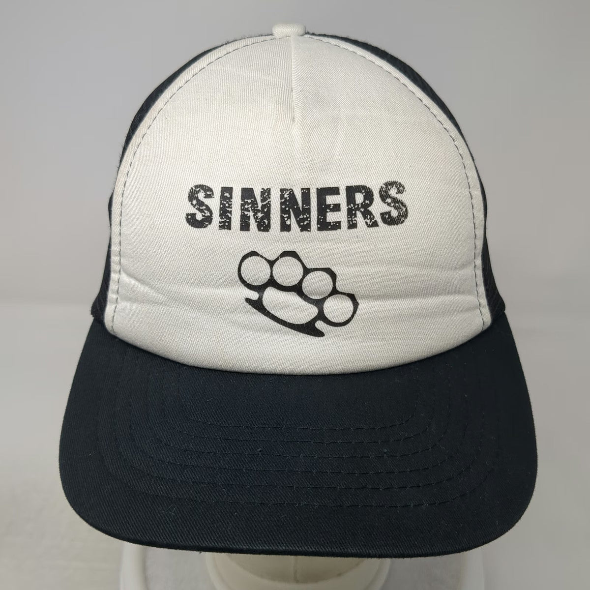 Headwear USA Trucker Hat Black White One Size Sinners Brass Knuckles Mesh Back