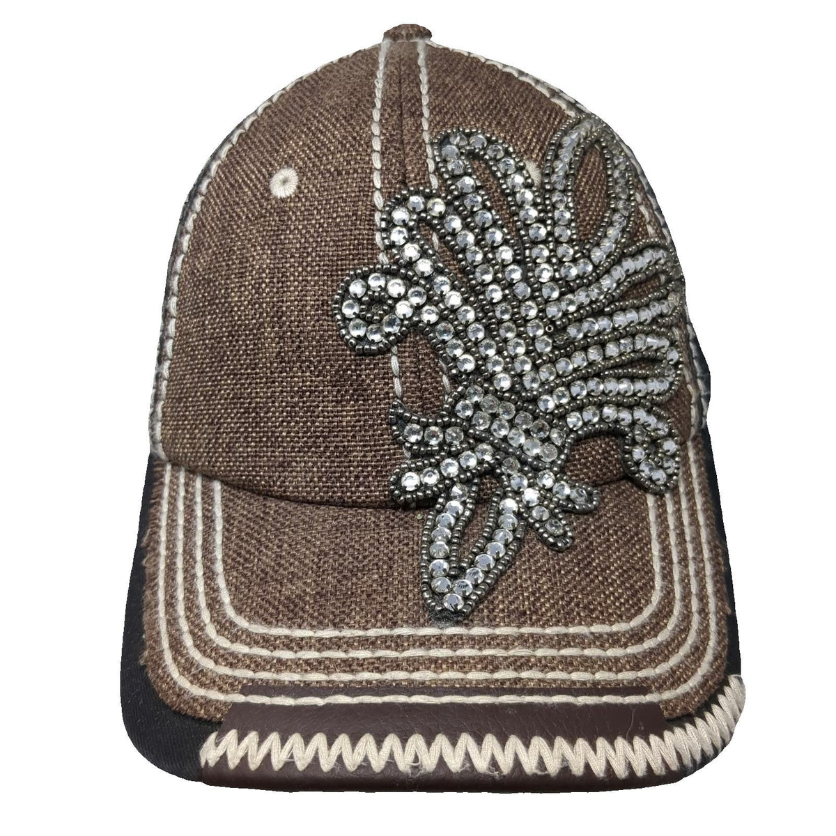 Olive & Pique Baseball Cap Hat Brown Black White OSFM Fleur De Lis Rhinestones