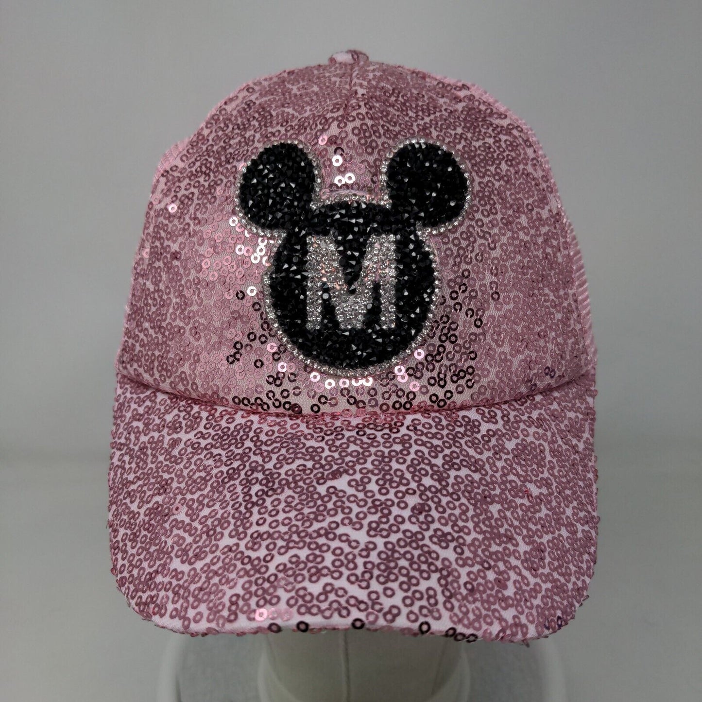 Mickey Mouse Snapback Trucker Hat Pink OS Adjustable Sequins Bling Mesh Back