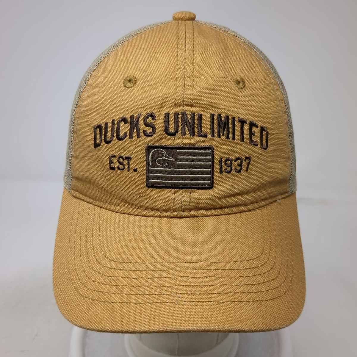 Ducks Unlimited Trucker Hat Brown One Size Mesh Snapback Embroidered Flag