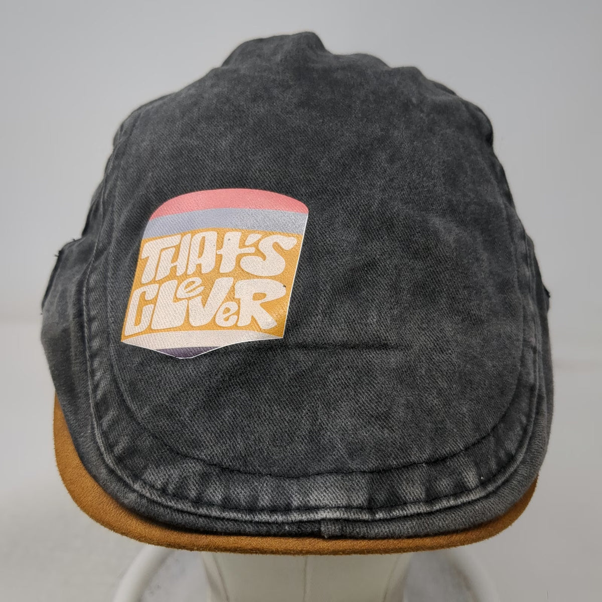 KB Ethos Newsboy Cap Gray One Size Acid Wash Cotton Brown Faux Suede Bill Hat