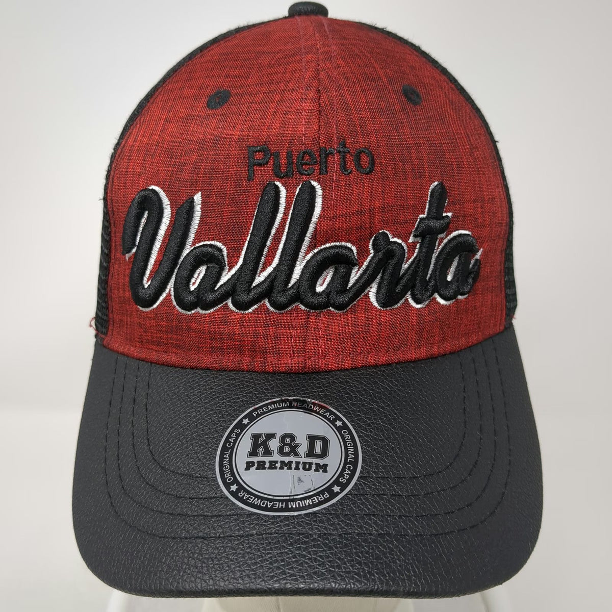 K&D Premium Trucker Hat Red Black One Size Puerto Vallarta Embroidery Mesh Back