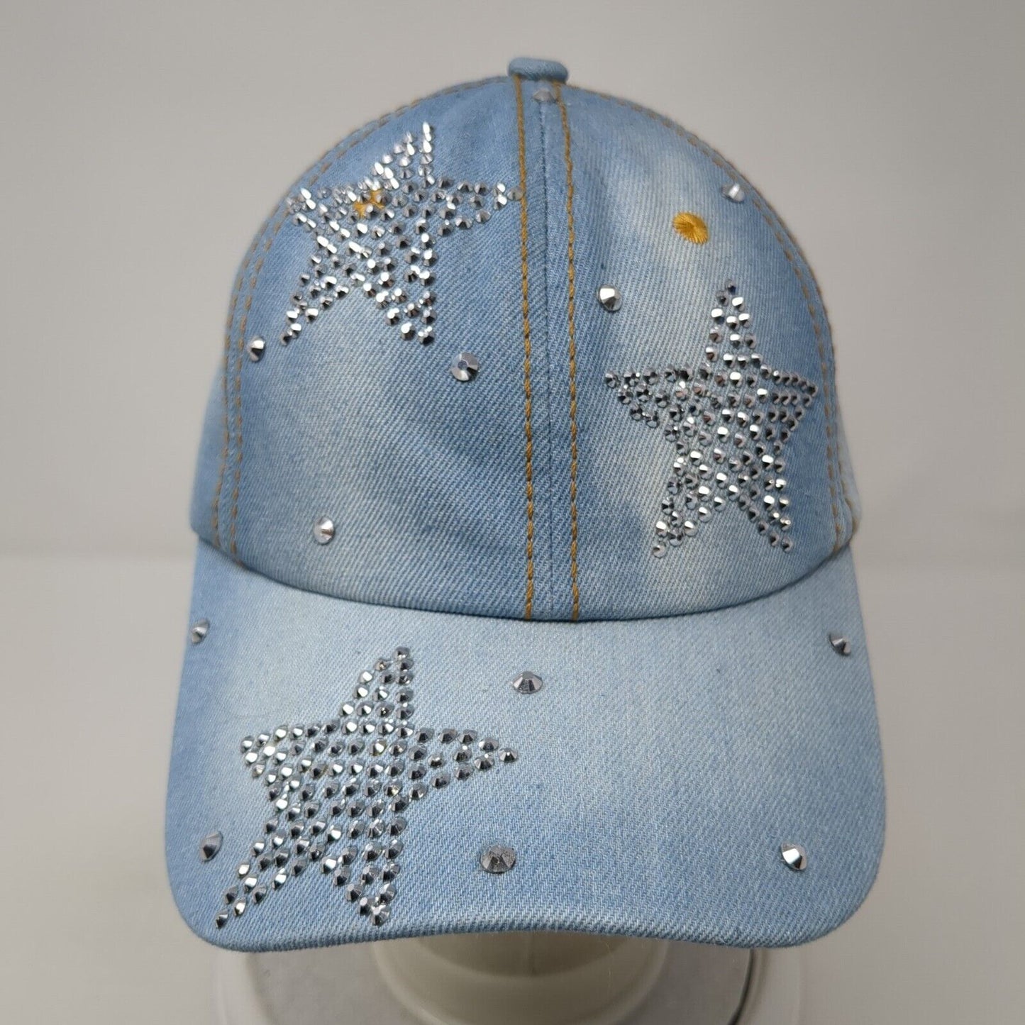 Stars Rhinestone Bling Slideback Hat Blue Denim One Size Leather Strap