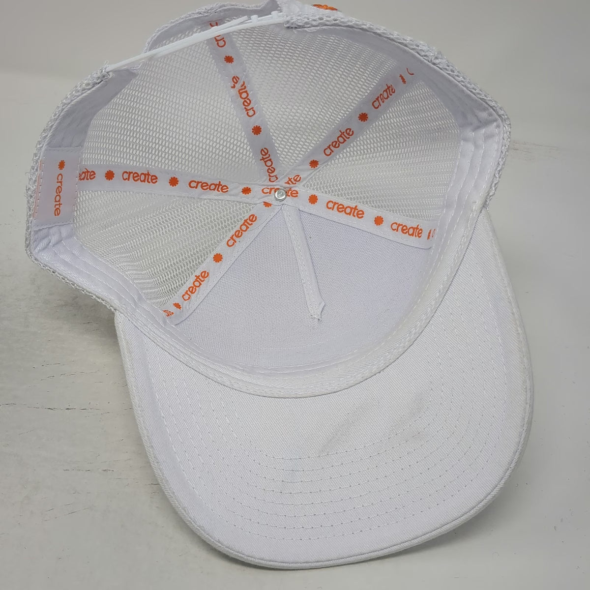 Create Trucker Hat White One Size Orange Embroidered Patch Mesh Back Snapback