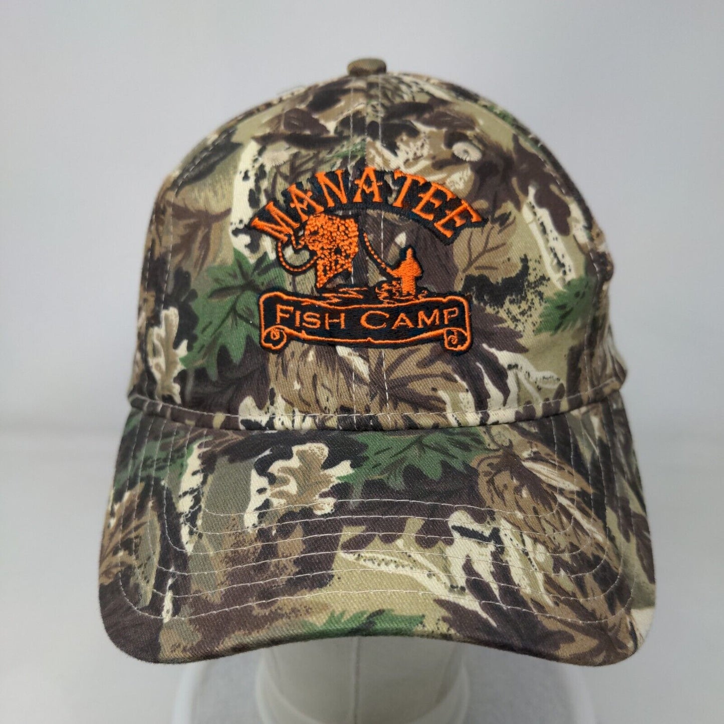 Manatee Fish Camp Strapback Hat Camouflage OSFM Adjustable Embroidered Otto