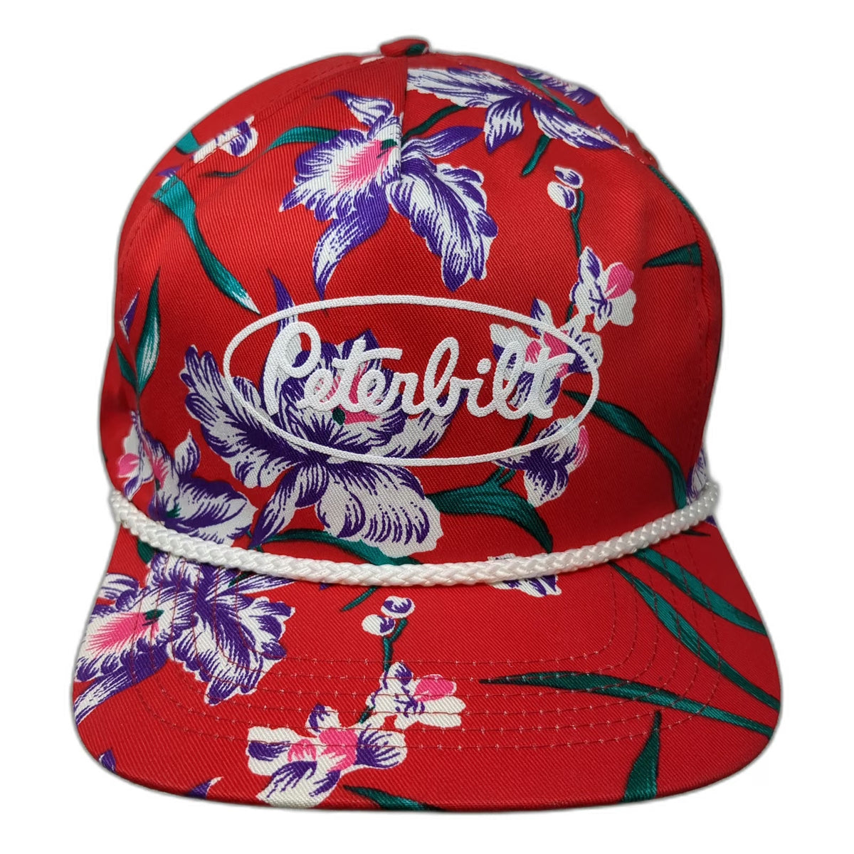 Peterbilt 5 Panel Red One Size Floral Hibiscus Rope Snapback Logo Embroidery Hat