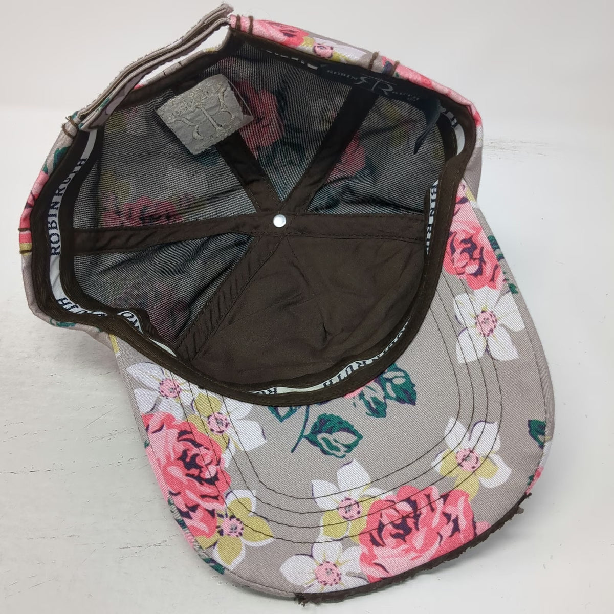 Robin Ruth 5 Panel Hat Gray Pink Floral Alaska Quilted Distressed One Size