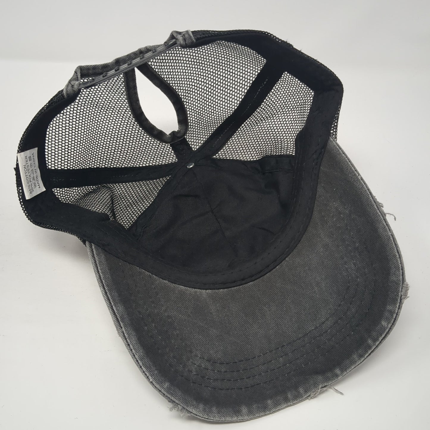 Cute But Pasycho Ponytail Trucker Hat Gray One Size Mesh Back Distressed