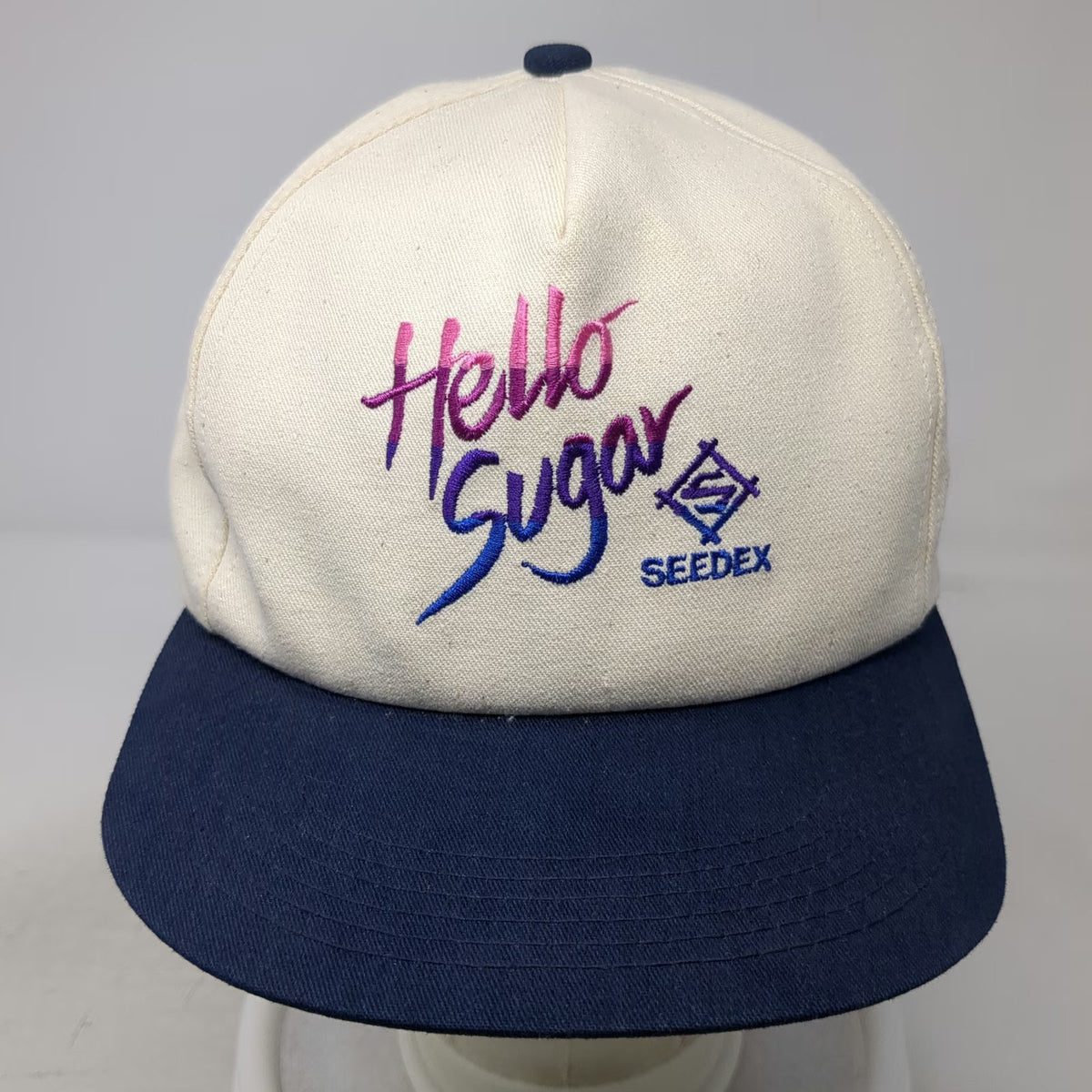 K-Products 5 Panel White Blue OS Vintage Hello Sugar Seedex Leather Strap Hat