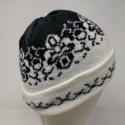 English Village Women's Knit Beanie Hat Cap Black White Fair Isle Acrylic