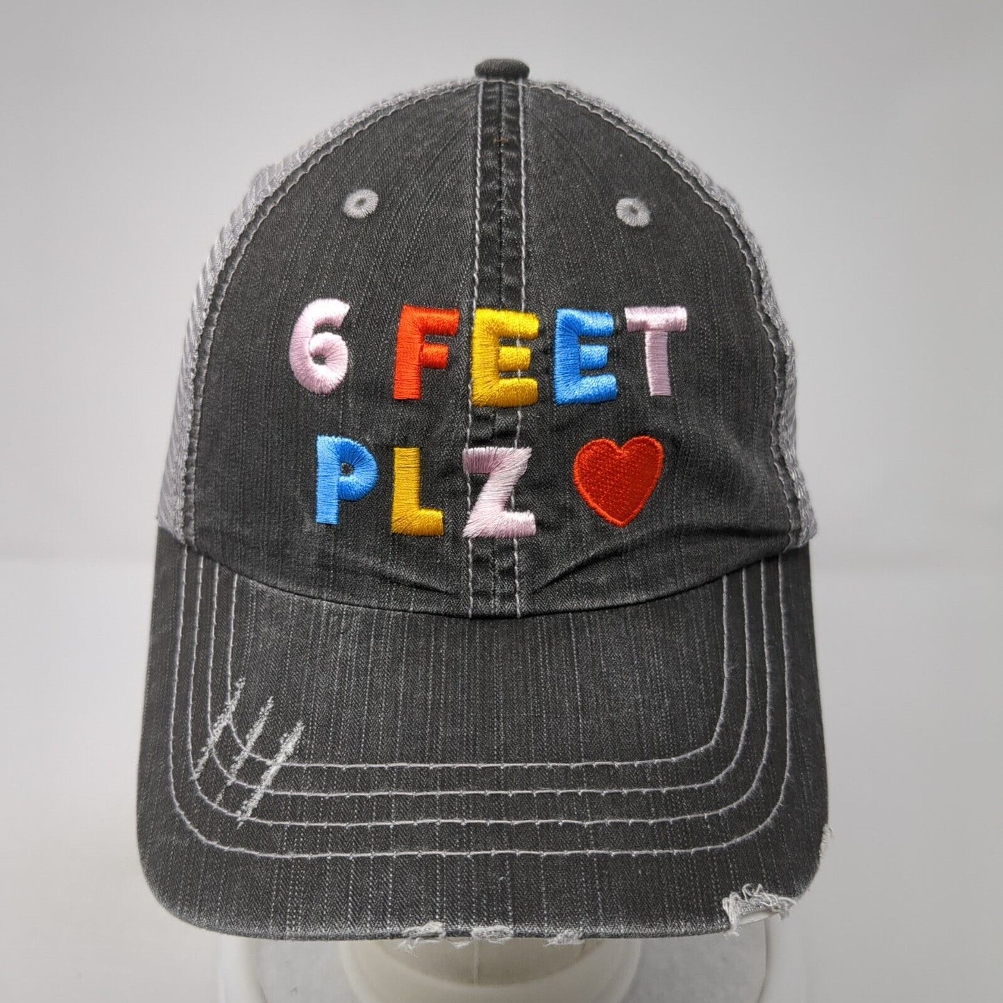 6 Feet Plz Strapback Mesh Back Trucker Hat Gray One Size Embroidered