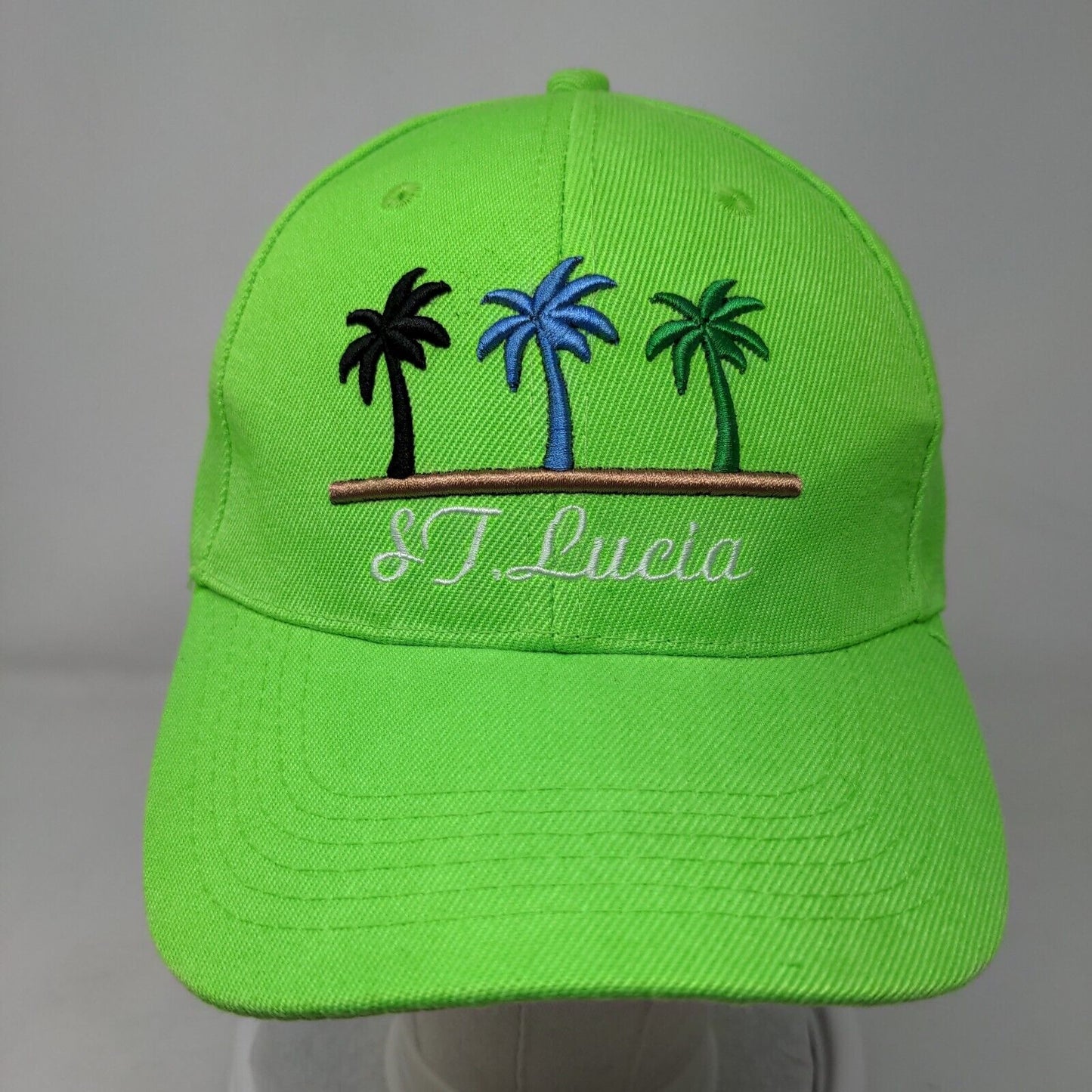 St. Lucia Strapback Hat Green One Size Adjustable Embroidered Palm Tree 6 Panel