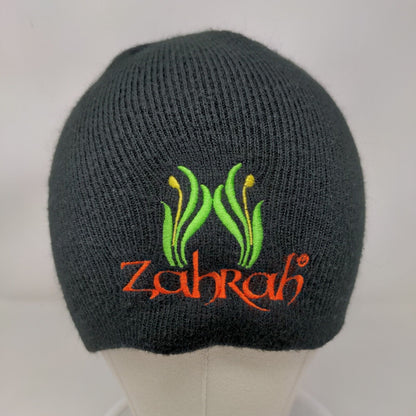 Zahrah Beanie Cap Black One Size Knitted Stretch Embroidered Acrylic