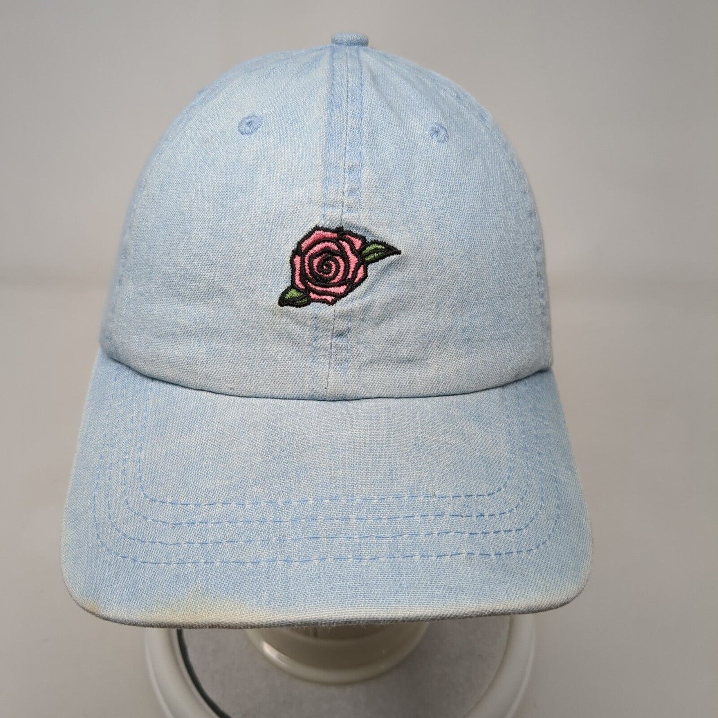 Rose Strapback Hat Blue OSFA Adjustable Embroidered Floral Denim Just Be