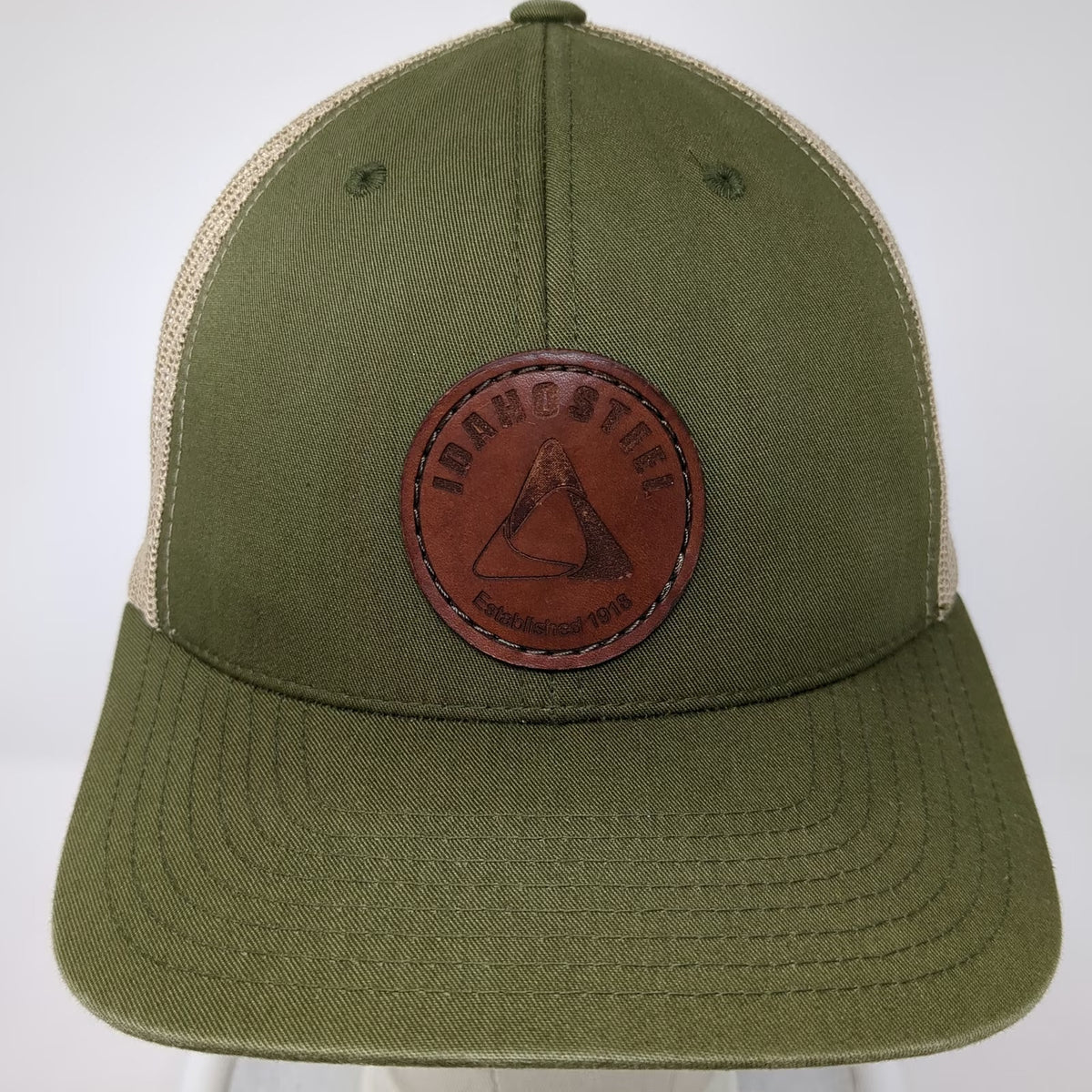 Yupoong Trucker Hat Green Beige One Size Idaho Steel Leather Patch Snapback Mesh