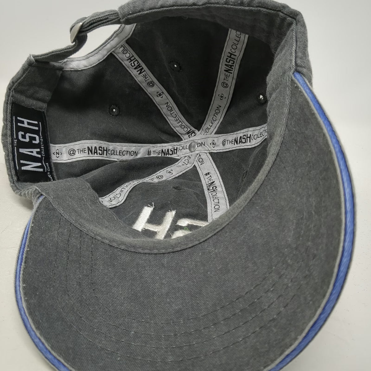 The Nash Collection Gray White Blue OSFM Baseball Cap NASH Logo Slideback Hat