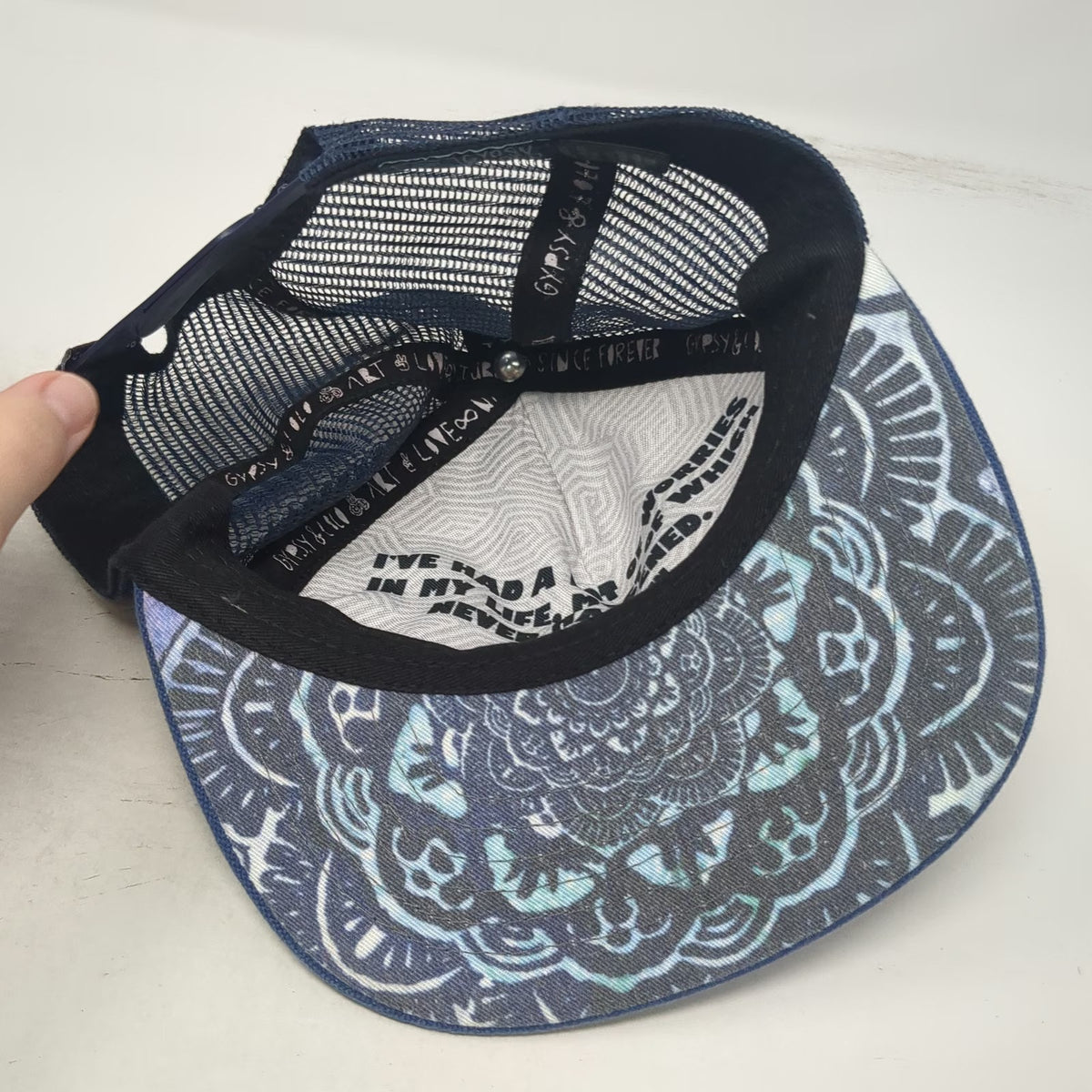 Gypsy & Lolo Trucker Hat Blue OSFM Upcycled Fabric Mandala Pattern Mesh Snapback