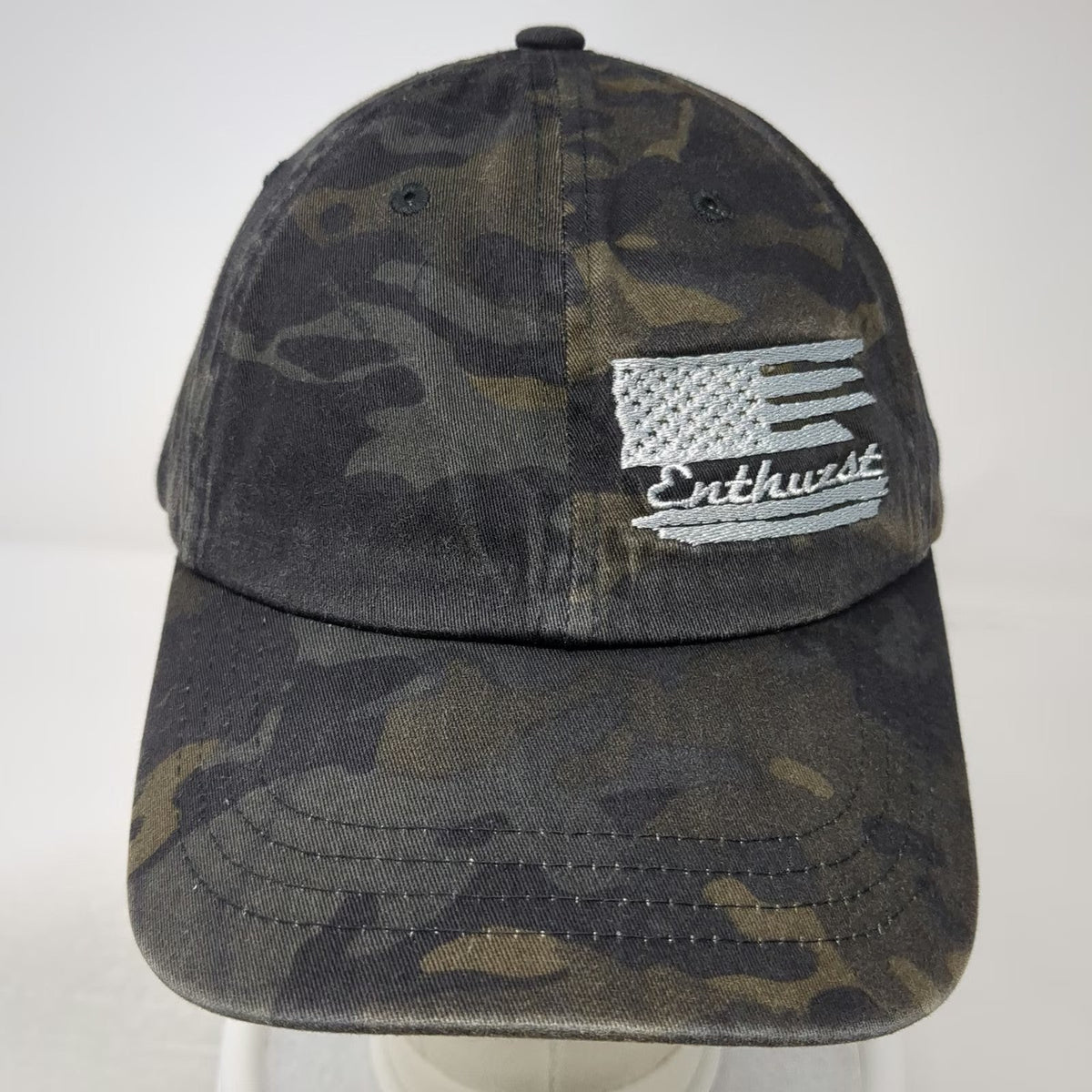 Yupoong Baseball Cap Black OSFM Camo Enthuzst American Flag Slideback Hat Logo