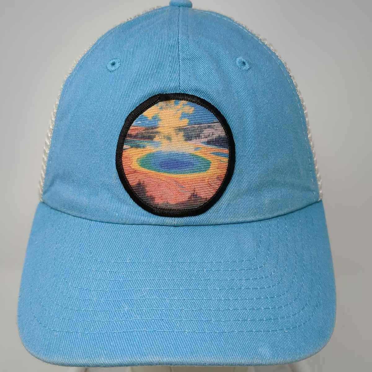Sportsman Trucker Hat Blue Beige One Size Mesh Back Snapback Landscape Patch
