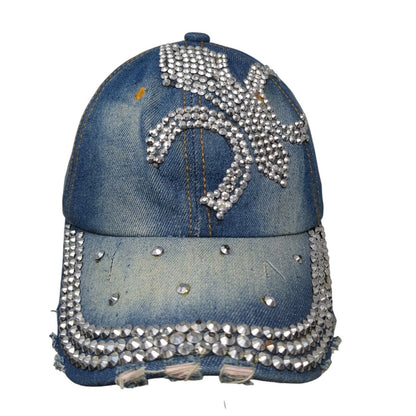 Rhinestone Bling Slideback Hat Blue One Size Adjustable Denim Studded