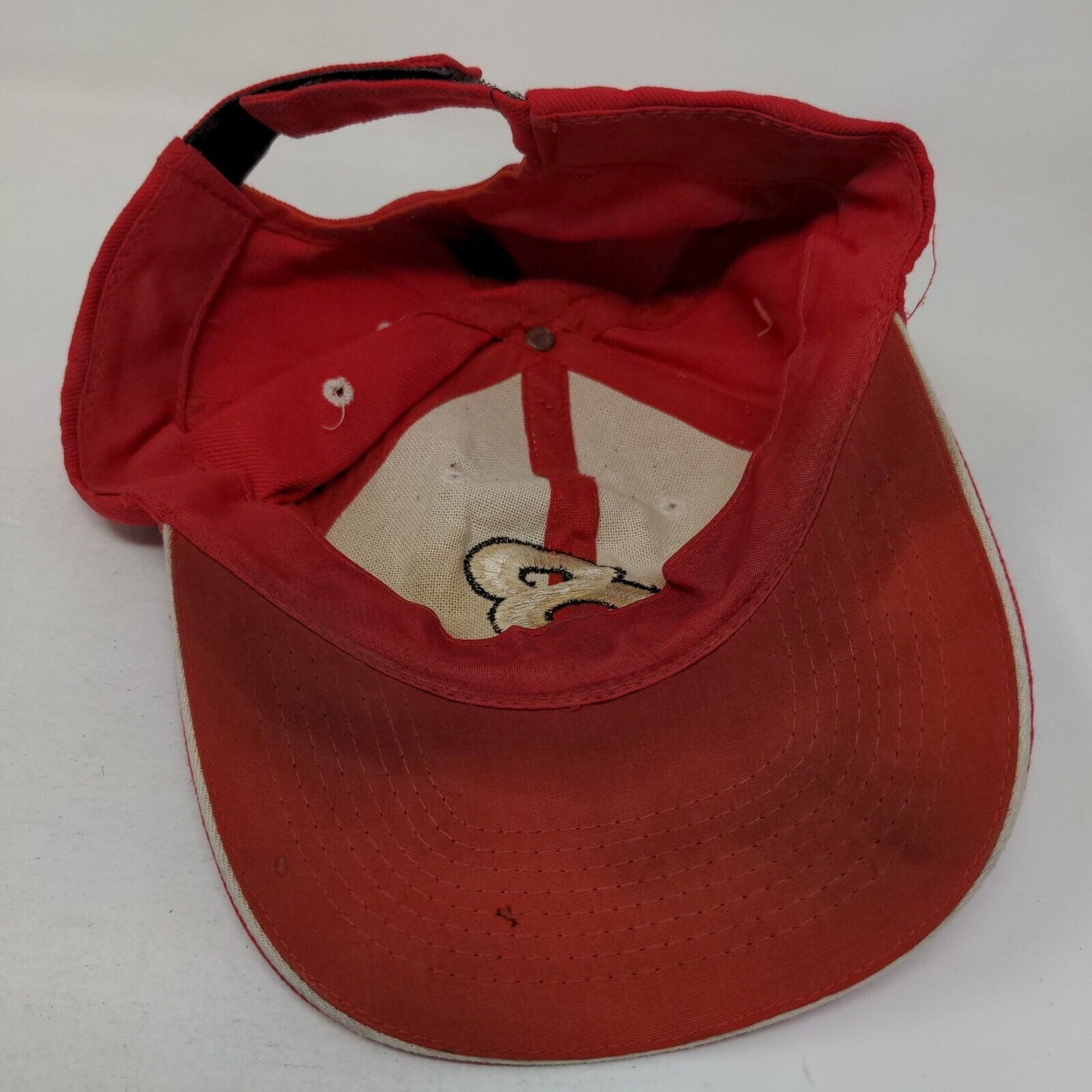 8 Strapback Hat Red One Size Adjustable Embroidered Vented Holes 6 Panel