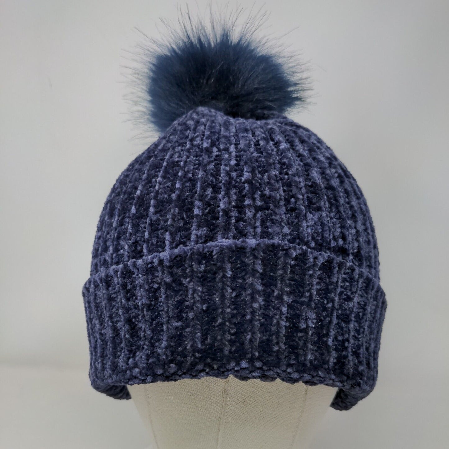 LOFT Beanie Hat Blue One Size Stretch Ribbed Knit Pom Pom Fleece Blank
