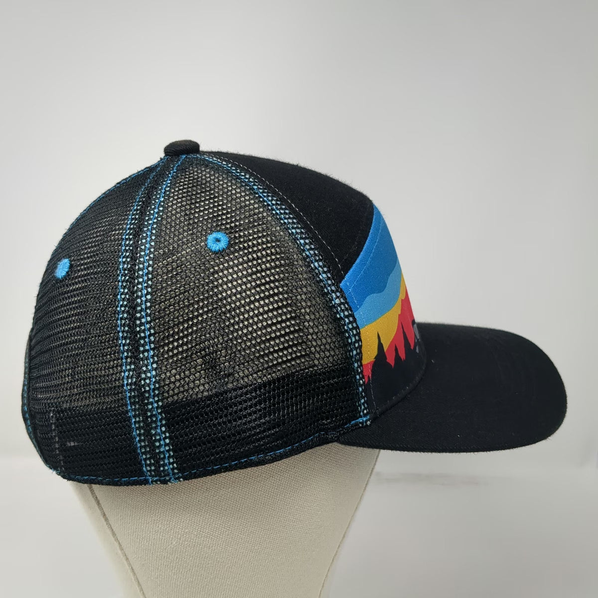 Aksels Trucker Hat Black Red Blue One Size Mountain Landscape Pine Mesh Snapback