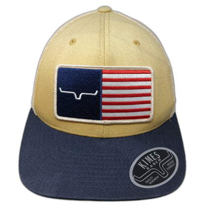 Kimes Ranch Trucker Hat Beige Blue American Flag Logo One Size Mesh Snapback