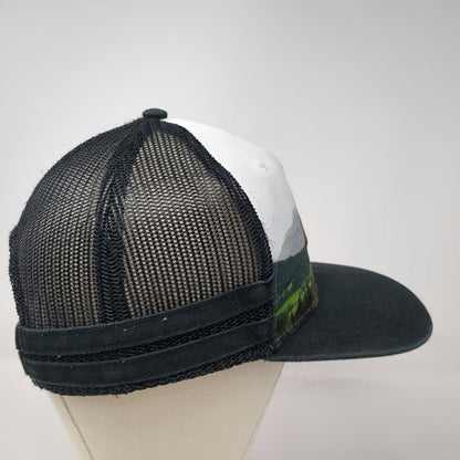 First Class Black White Trucker Hat One Size Mountain Graphic Snapback Mesh Back