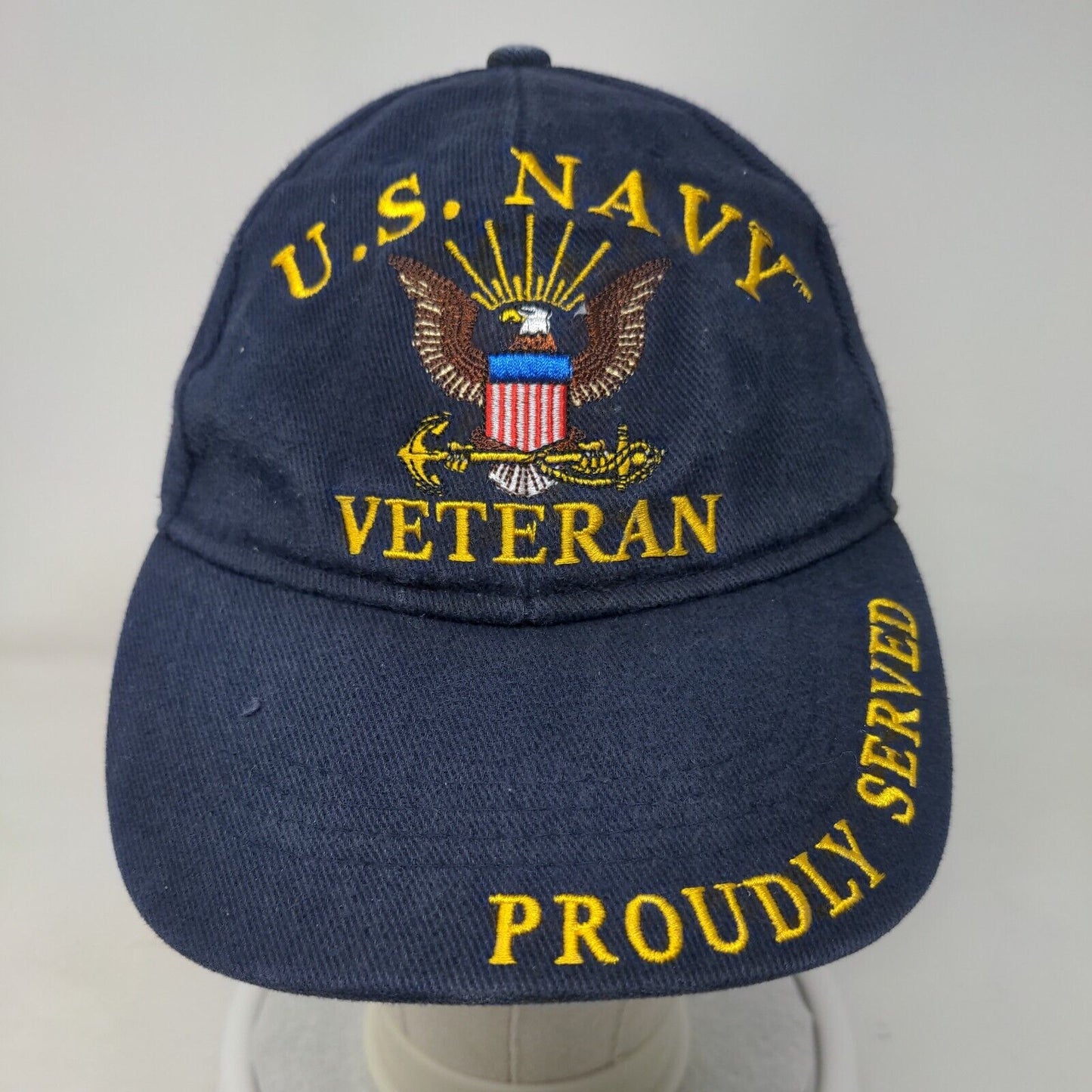US Navy Veteran Proudly Served Slideback Hat Blue One Size Embroidered Logo