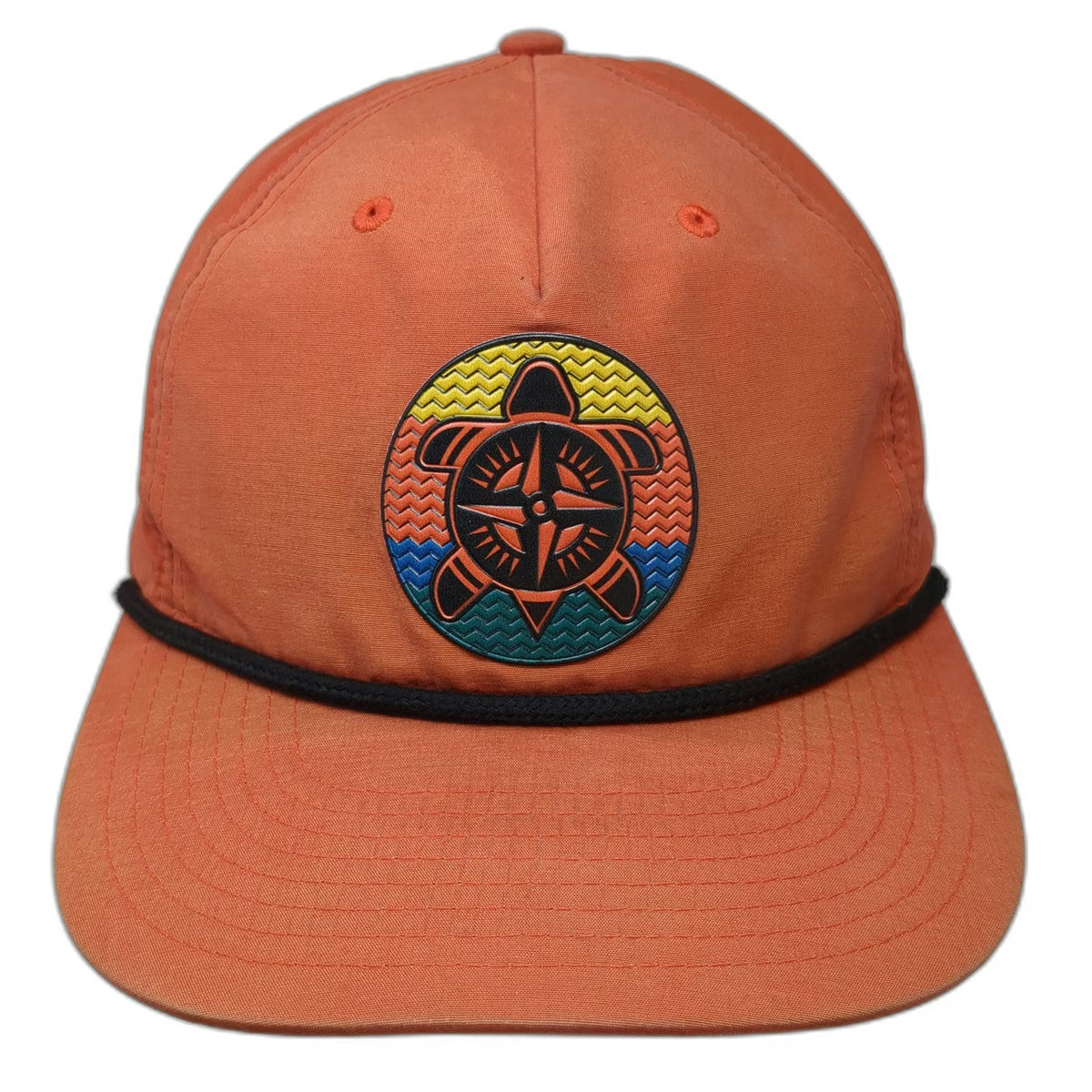 YOU KNOW! 5 Panel Orange One Size Hat Turtle Compass Rubber Patch Rope Snapback