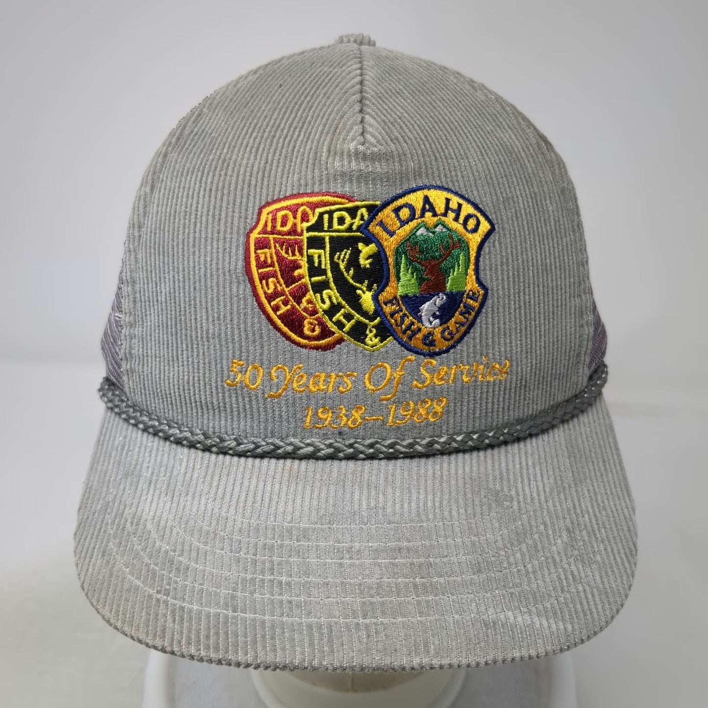 Trucker Gray Hat One Size Idaho Fish Game Vintrage 1988 Corduroy Mesh