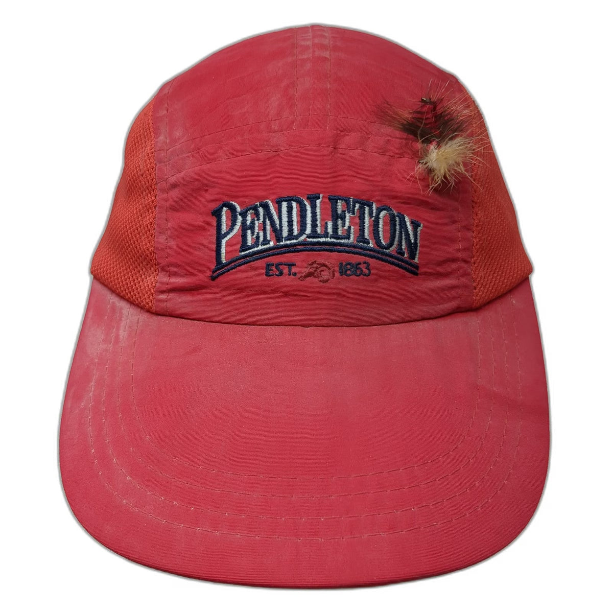 Pendleton 5 Panel Red Hat One Size Mesh Side Fishing Lure Leather Strapback
