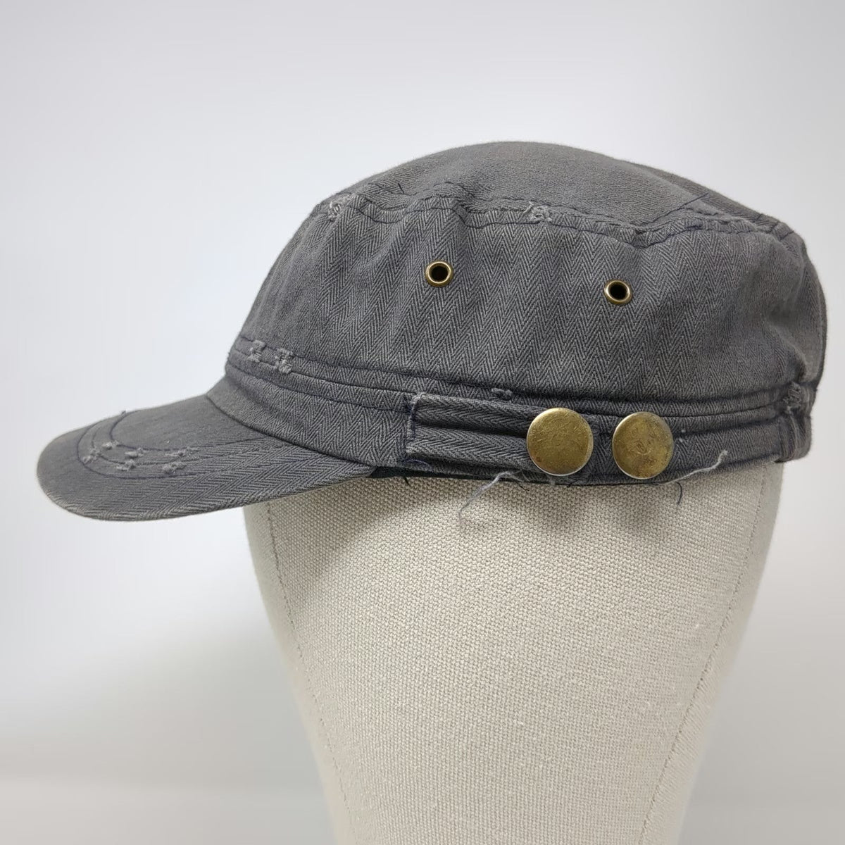 Elastafit Army Cap Gray One Size Frayed Herringbone Side Buttons Cotton Hat
