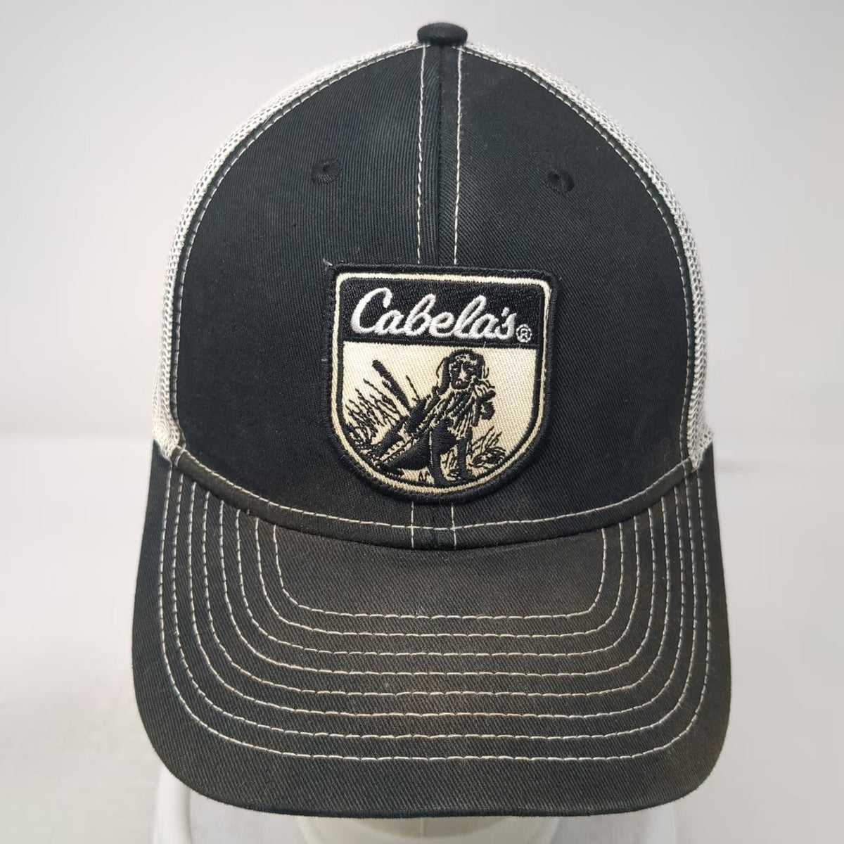Cabela's Trucker Hat Black White One Size Mesh Back Hunting Dog Patch Snapback