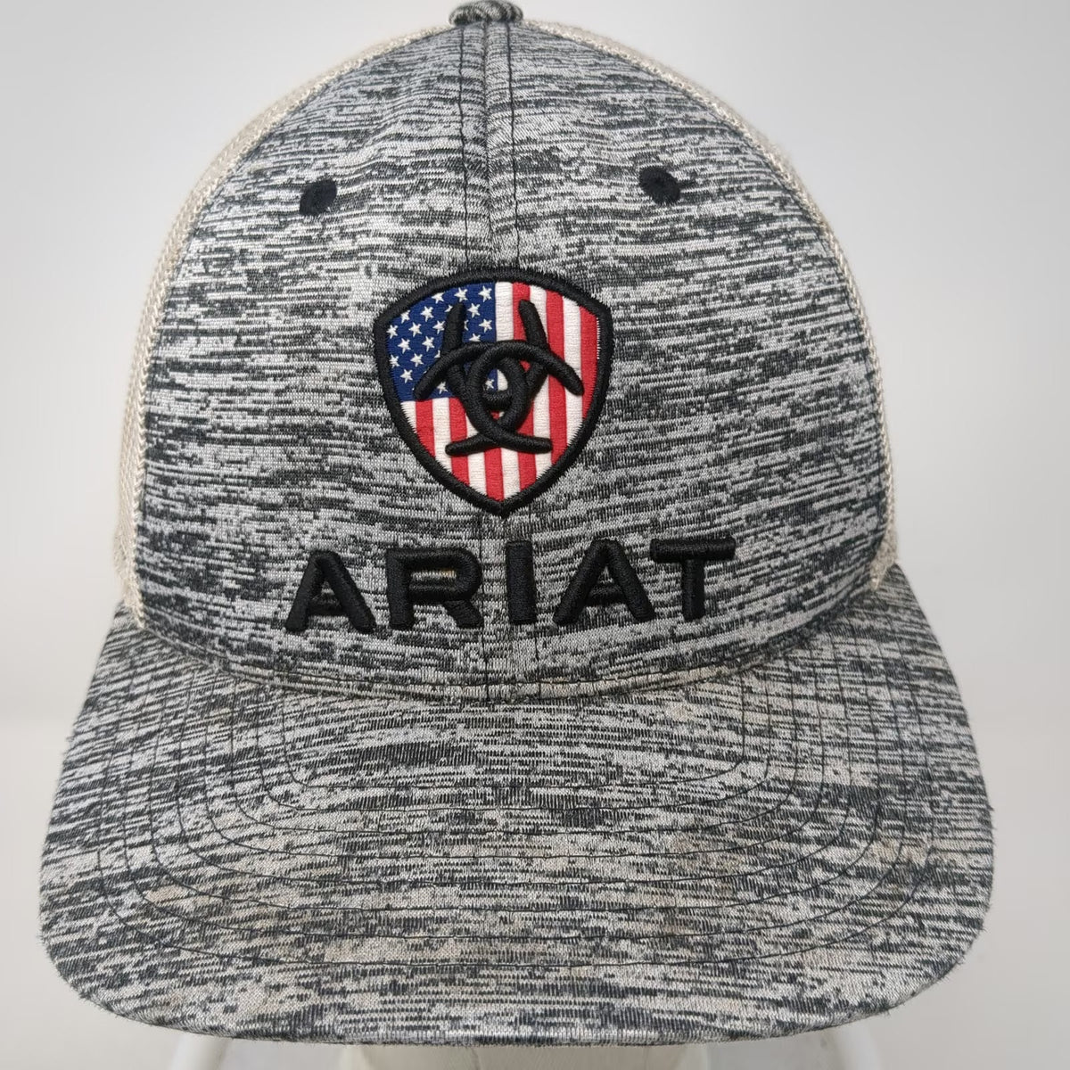 Ariat Trucker Hat Gray One Size Mesh Back USA Flag Logo Snapback Flexfit 110
