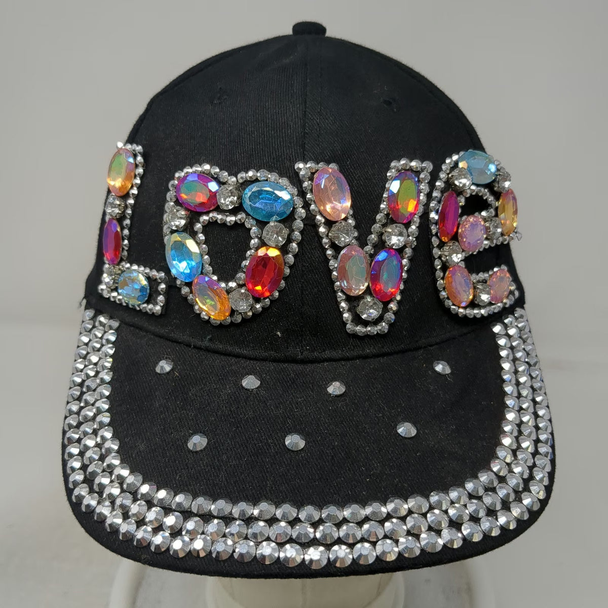 Baseball Cap Black One Size Rhinestone LOVE Gem Brim Strapback Bling Jewels hat